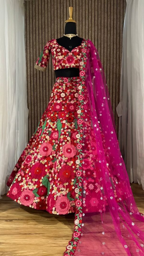 Floral pink Tapeta Velvet embroidered bridal Lehenga