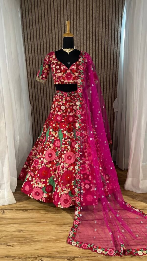 Floral pink Tapeta Velvet embroidered bridal Lehenga