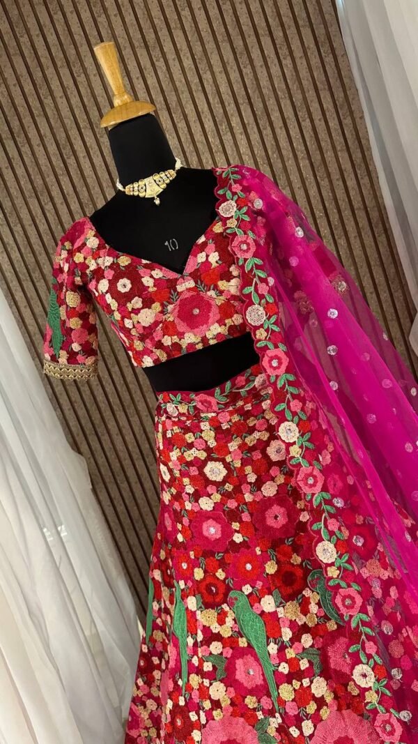Floral pink Tapeta Velvet embroidered bridal Lehenga