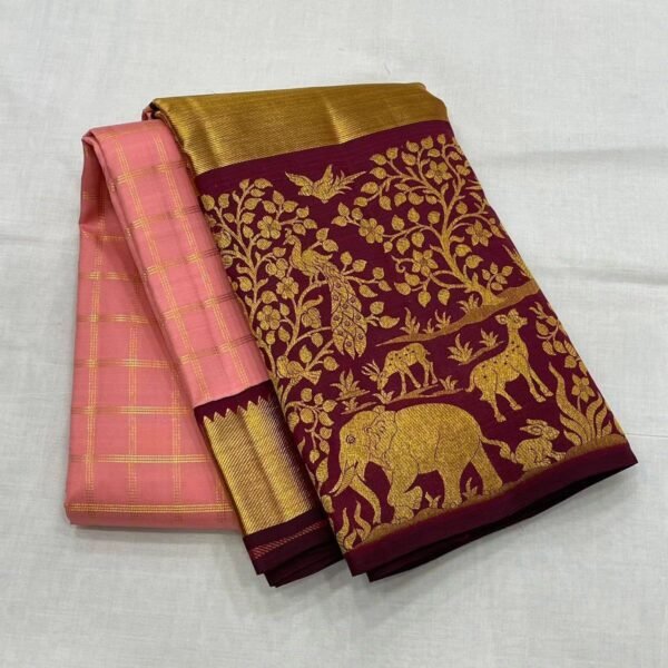 GAJANAND Soft Lichi Silk PINK& PEACH Saree maroon border
