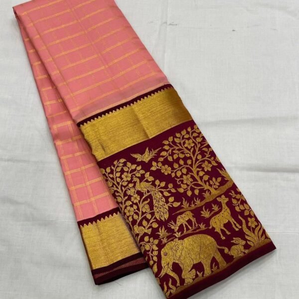 GAJANAND Soft Lichi Silk PINK& PEACH Saree maroon border