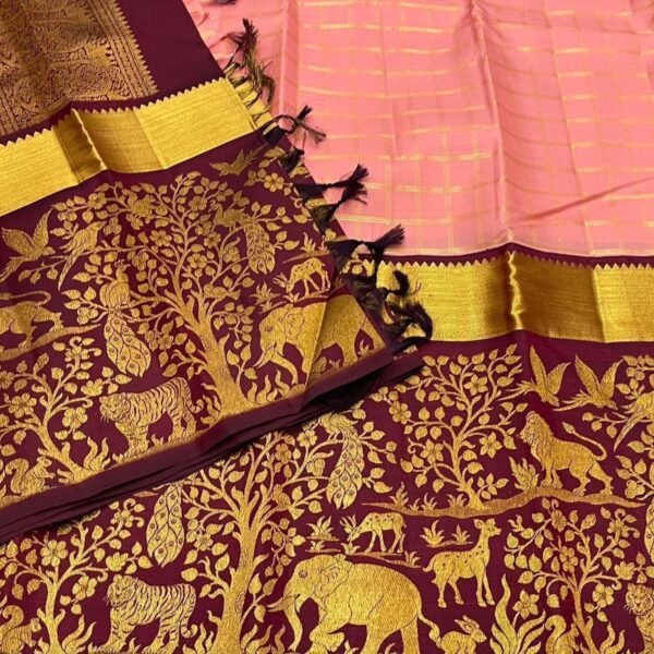 GAJANAND Soft Lichi Silk PINK& PEACH Saree maroon border