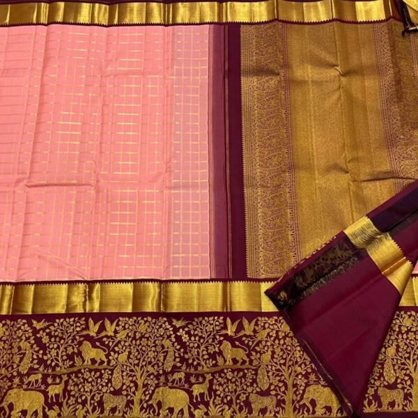 GAJANAND Soft Lichi Silk PINK& PEACH Saree maroon border