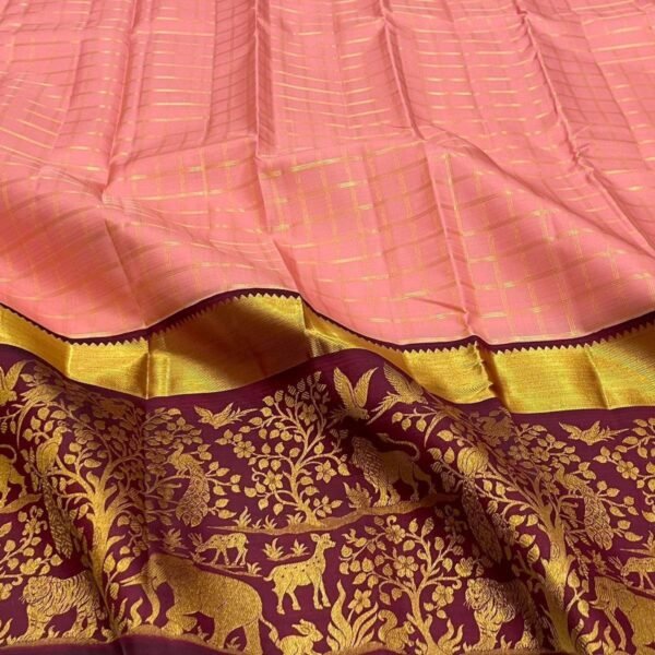 GAJANAND Soft Lichi Silk PINK& PEACH Saree maroon border