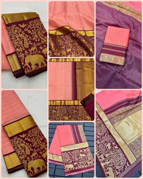 GAJANAND Soft Lichi Silk PINK& PEACH Saree maroon border