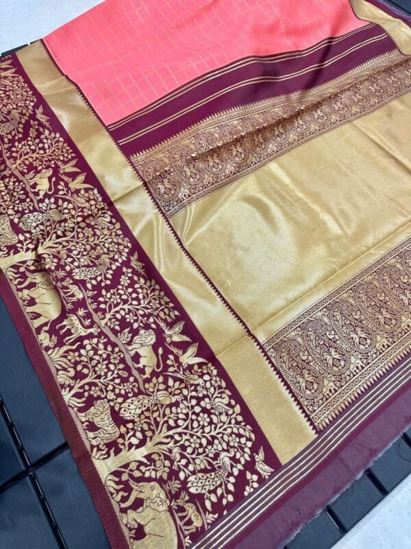 GAJANAND Soft Lichi Silk PINK& PEACH Saree maroon border