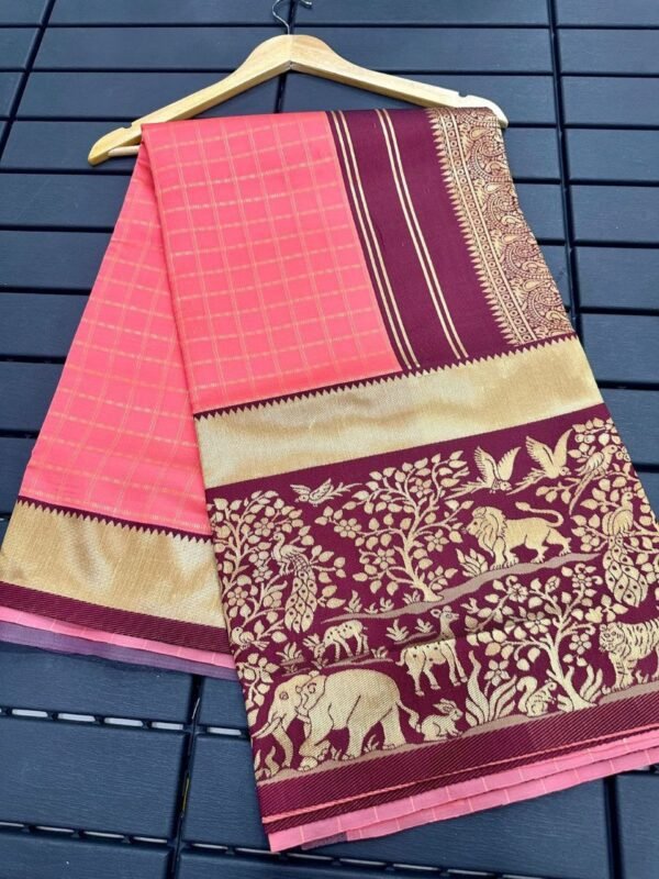 GAJANAND Soft Lichi Silk PINK& PEACH Saree maroon border