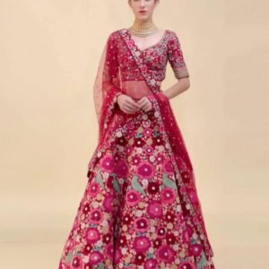 Floral pink Tapeta Velvet embroidered bridal Lehenga
