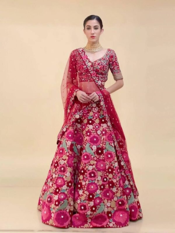 Floral pink Tapeta Velvet embroidered bridal Lehenga
