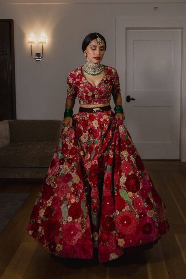 Floral pink Tapeta Velvet embroidered bridal Lehenga