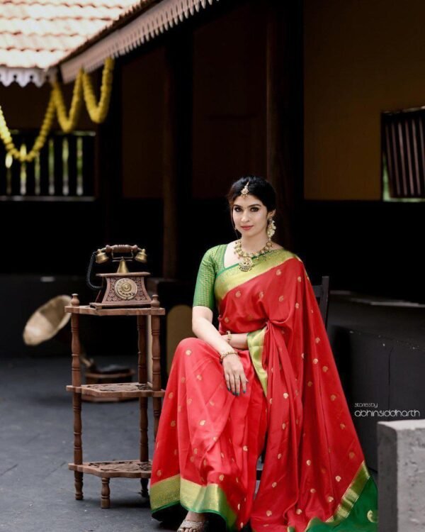 Elegant AAB (MANALI) Red with green border Saree