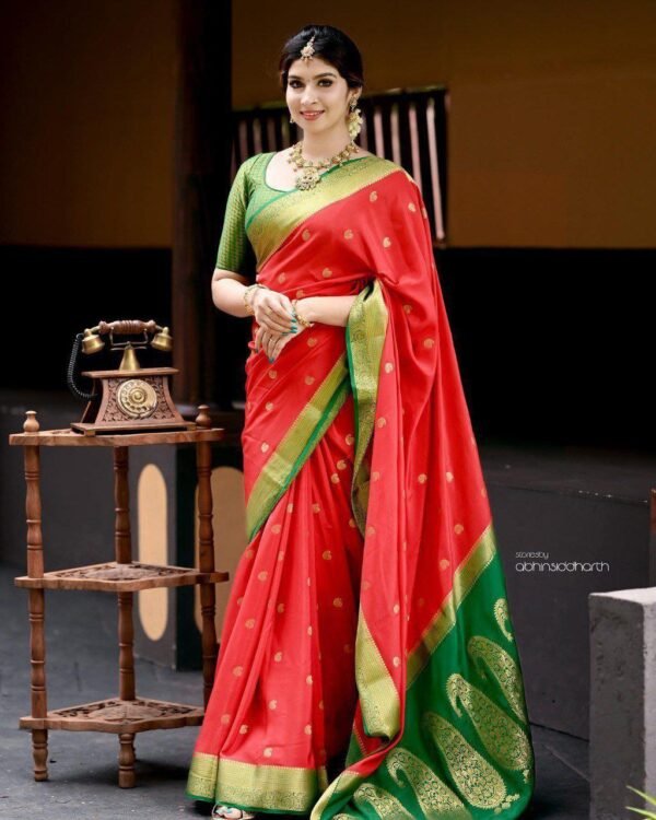 Elegant AAB (MANALI) Red with green border Saree