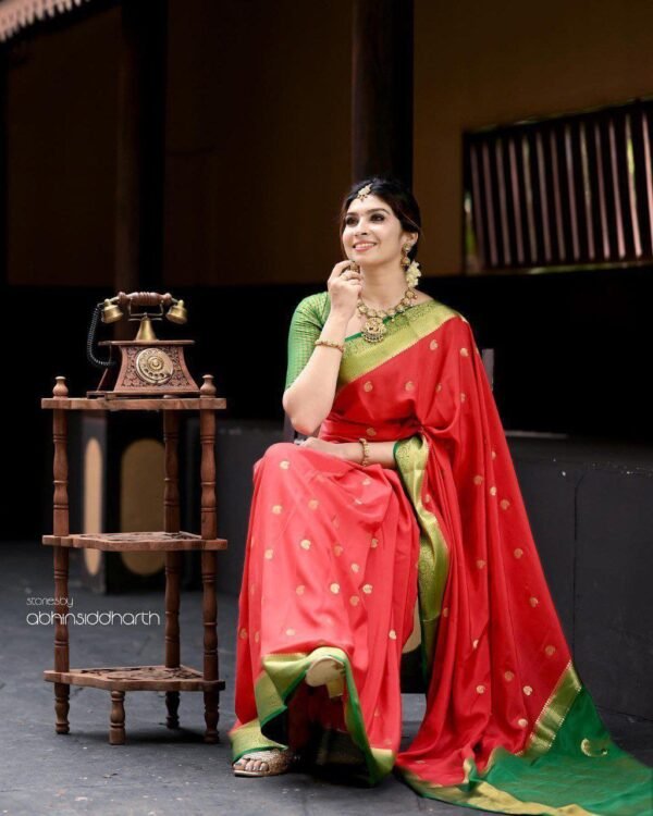 Elegant AAB (MANALI) Red with green border Saree