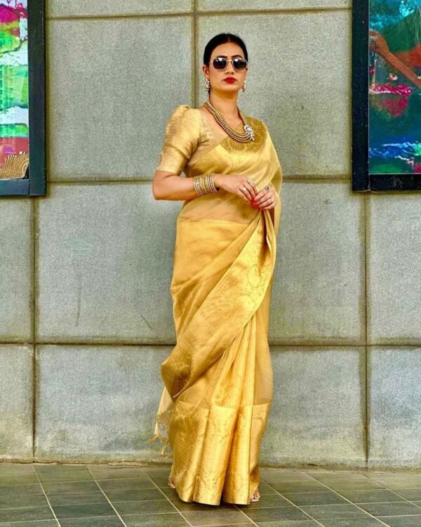 Aarna Banasari Tissue Golden Saree glamour dinner