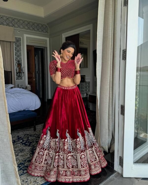 Velvet Maroon Lehenga Choli embroidery Georgette