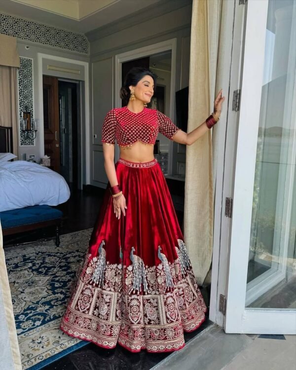 Velvet Maroon Lehenga Choli embroidery Georgette