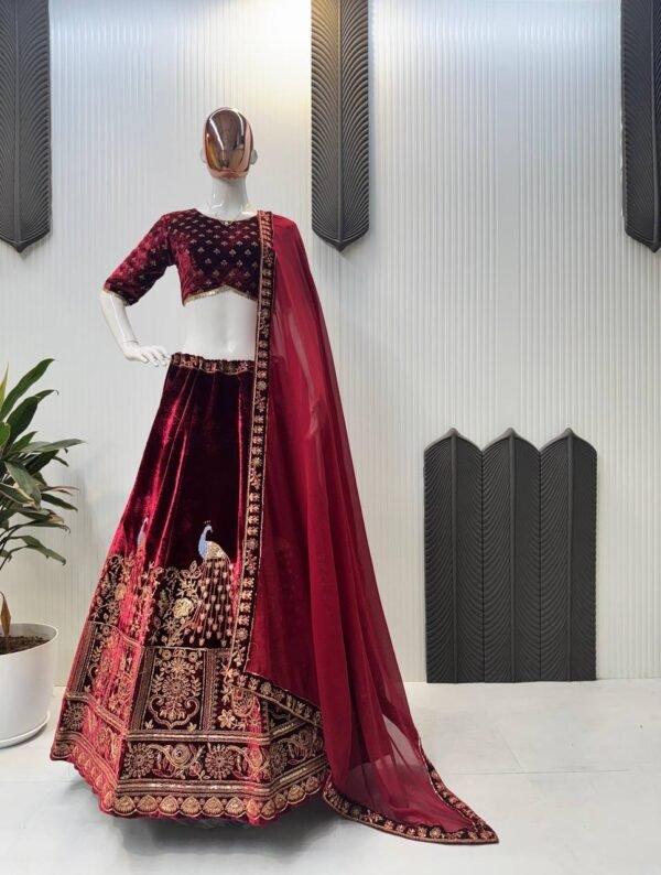Velvet Maroon Lehenga Choli embroidery Georgette