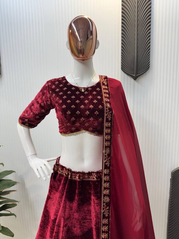 Velvet Maroon Lehenga Choli embroidery Georgette