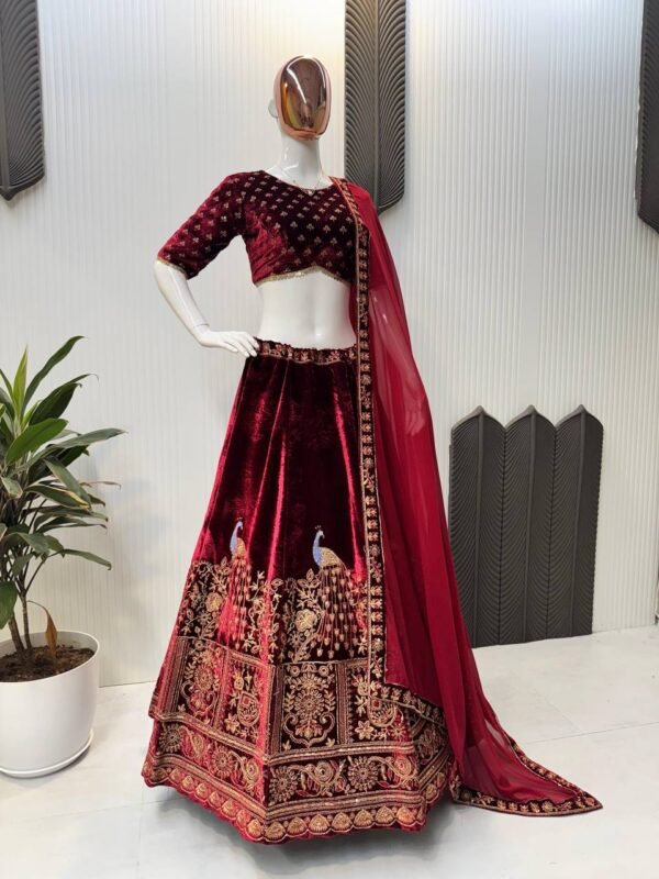 Velvet Maroon Lehenga Choli embroidery Georgette