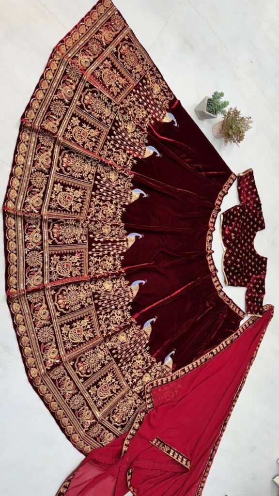 Maroon Velvet Lehenga – The Epitome of Royalty 6262776223193219686 1