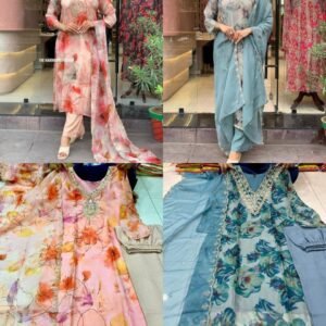 Organza Silk Kurti Set pink and blue casual wear