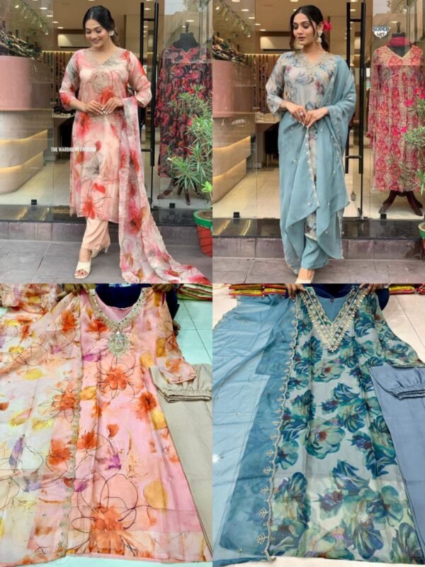 Organza Silk Kurti Set pink and blue casual wear