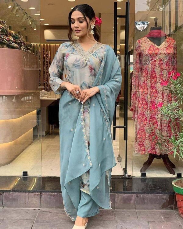 Organza Silk Kurti Set pink and blue casual wear