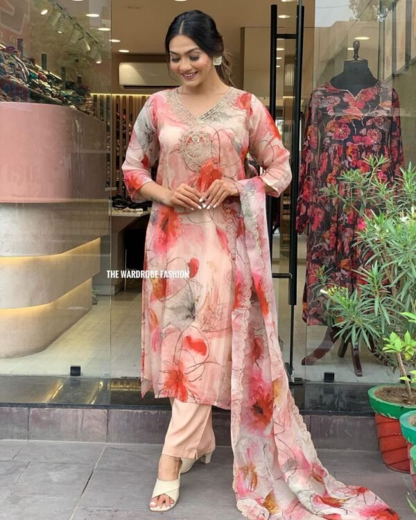 Organza Silk Kurti Set pink and blue casual wear