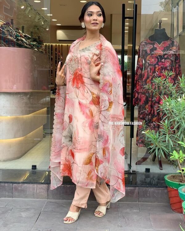 Organza Silk Kurti Set pink and blue casual wear