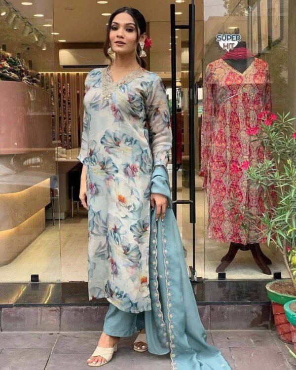 Organza Silk Kurti Set pink and blue casual wear