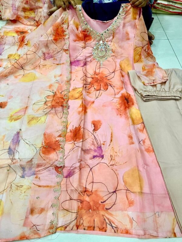 Organza Silk Kurti Set pink and blue casual wear