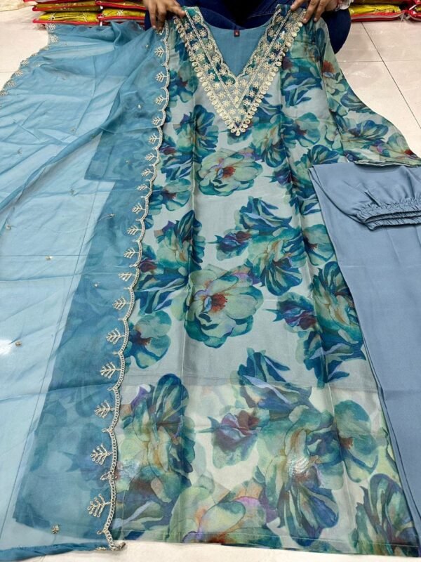 Organza Silk Kurti Set pink and blue casual wear