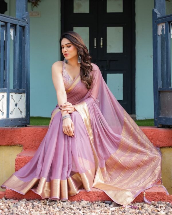 Premium Chiffon Saree Serene Lavender Purple pallu