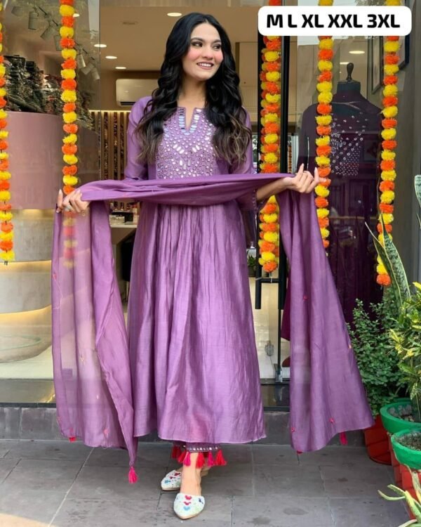 Elegant Anarkali 3 piece cotton set Kurti purple