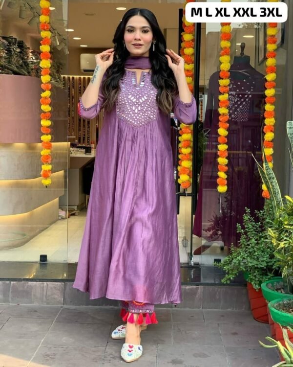 Elegant Anarkali 3 piece cotton set Kurti purple