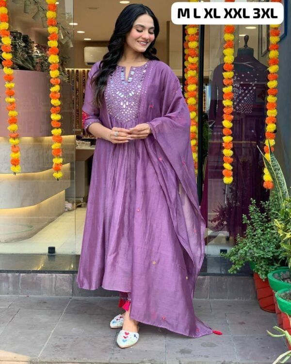 Elegant Anarkali 3 piece cotton set Kurti purple