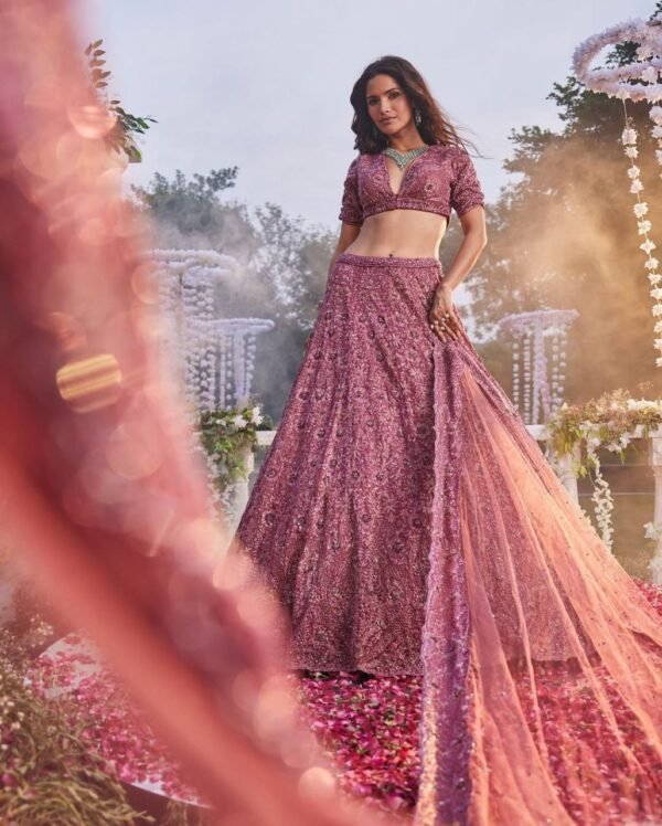 Premium Chinon Silk Pink Lehenga bridal dinner wear