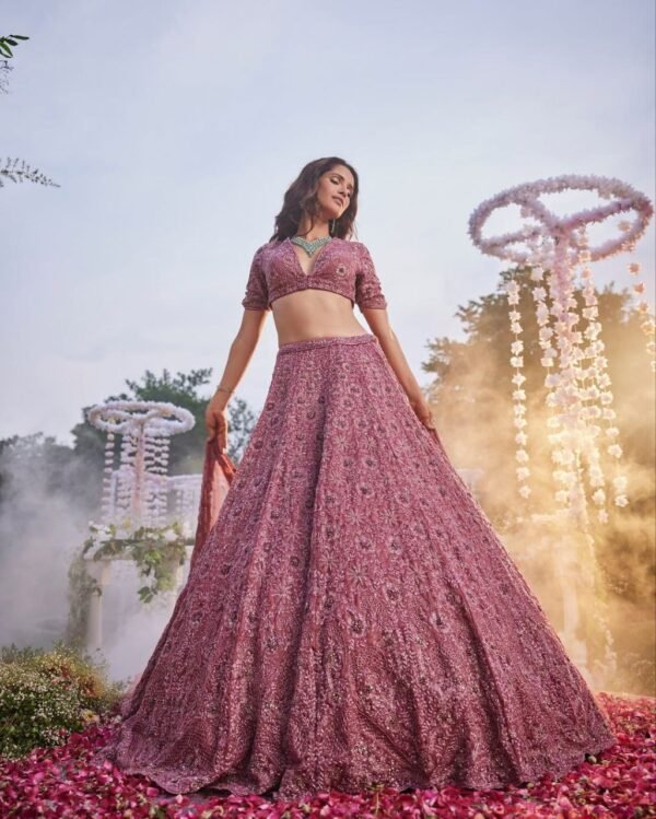 Premium Chinon Silk Pink Lehenga bridal dinner wear