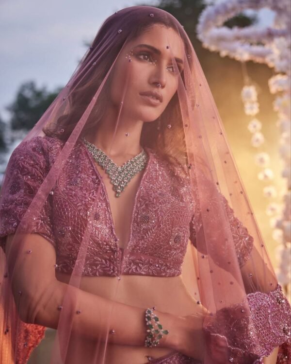 Premium Chinon Silk Pink Lehenga bridal dinner wear