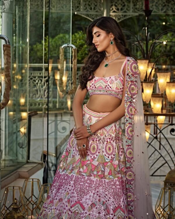 Pink mirror Multicolour Whiscos Embroidery dinner lehenga
