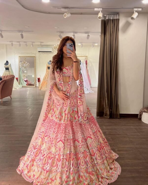 Pink mirror Multicolour Whiscos Embroidery dinner lehenga