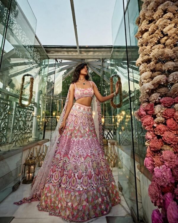 Pink mirror Multicolour Whiscos Embroidery dinner lehenga