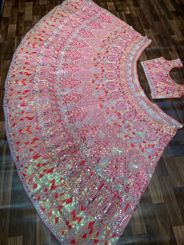 Pink mirror Multicolour Whiscos Embroidery dinner lehenga