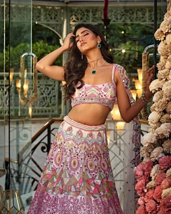 Pink mirror Multicolour Whiscos Embroidery dinner lehenga