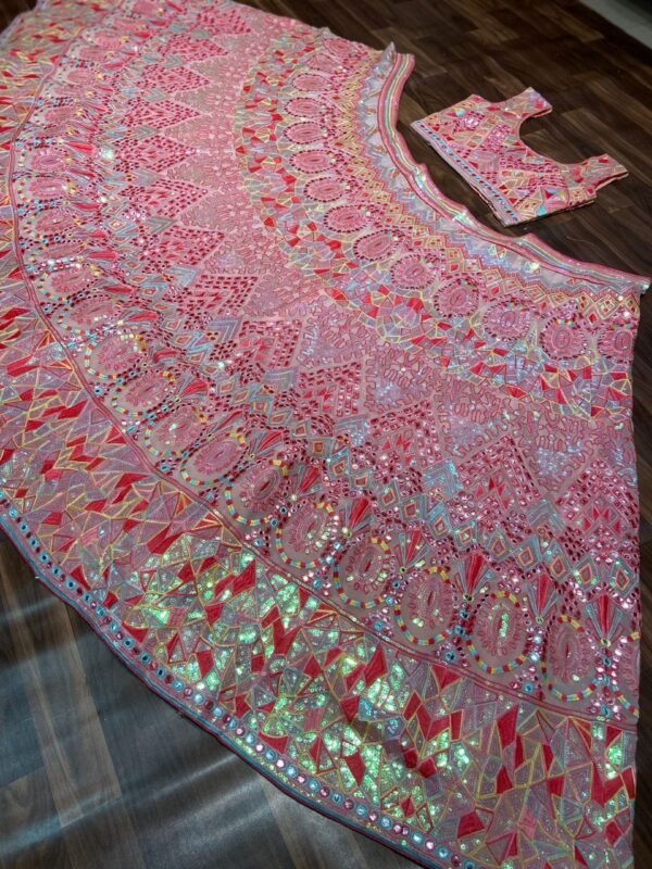 Pink mirror Multicolour Whiscos Embroidery dinner lehenga