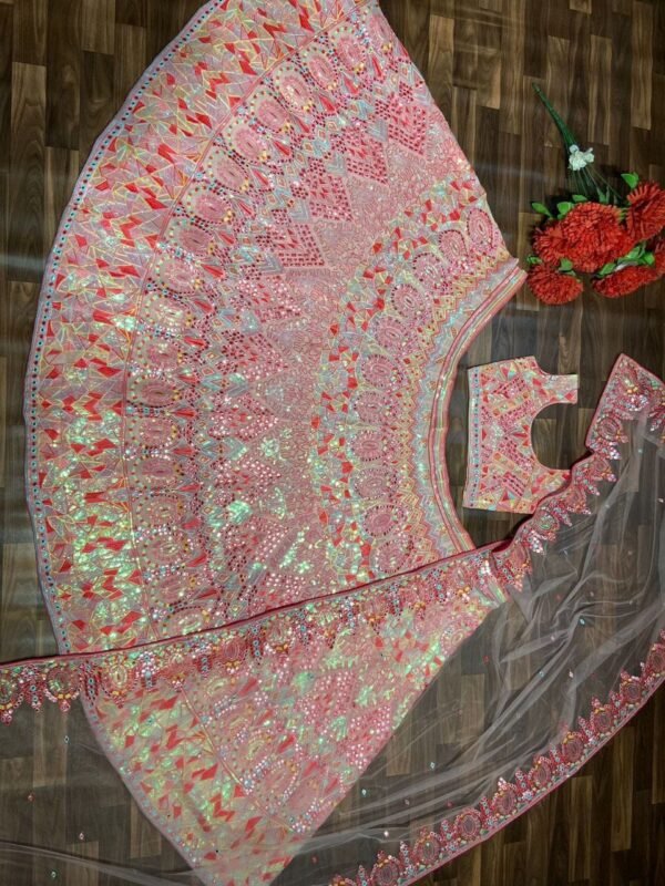 Pink mirror Multicolour Whiscos Embroidery dinner lehenga