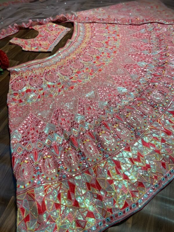 Pink mirror Multicolour Whiscos Embroidery dinner lehenga