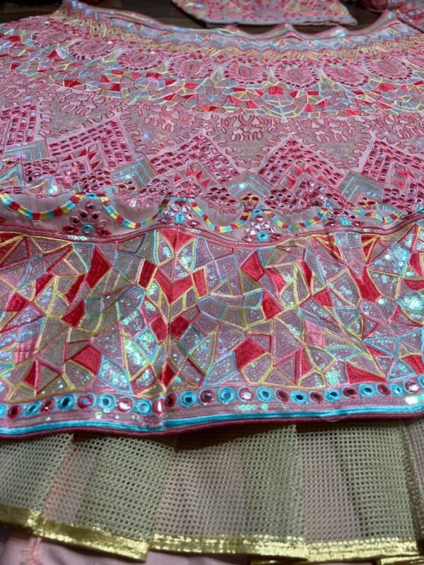 Pink mirror Multicolour Whiscos Embroidery dinner lehenga