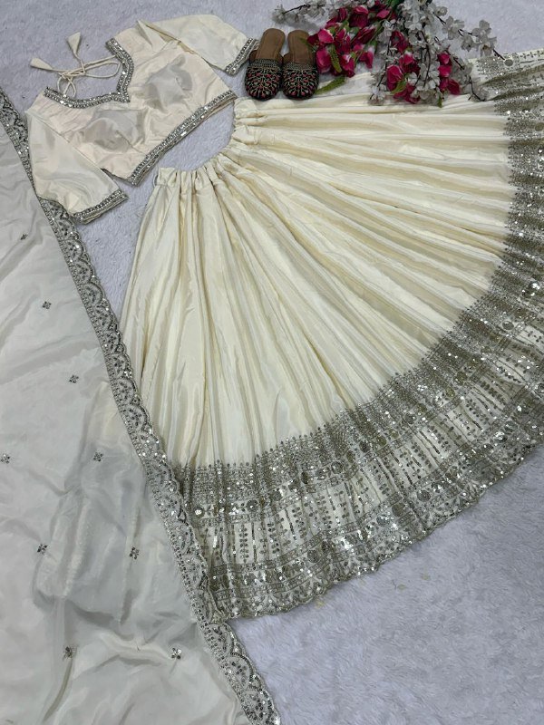 White Elegant soft look lehenga gold sequence