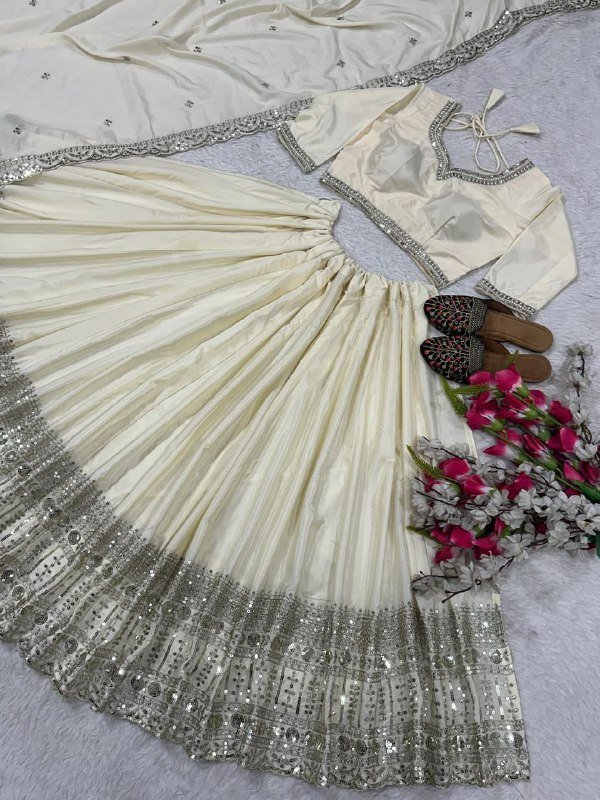 White Elegant soft look lehenga gold sequence